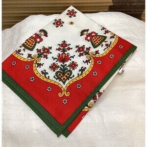 Folk Art Kolf Austria FolkLore Table Runner 1960s Cotton Red Green With Lady